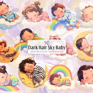 Cartoon Dark Hair Sky Baby-illustraties. Schattige schattige kleine baby's slapen op wolken, regenbogen en een maan, sprookjesachtige fantasie | PNG-illustraties