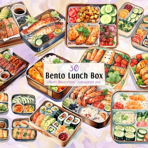 Lancheira Bento, ilustrações estilo aquarela. Culinária Japonesa, deliciosas caixas embaladas, refeições diversas, arroz, carne vegetal | clipart PNG