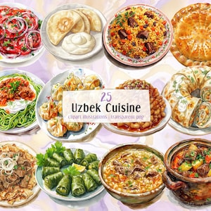 Puede incluir: Una colección de 25 ilustraciones de cocina uzbeka con platos como plov, samsa y dolma. Las ilustraciones están en estilo acuarela y son perfectas para usar en libros de cocina, menús u otros proyectos culinarios.