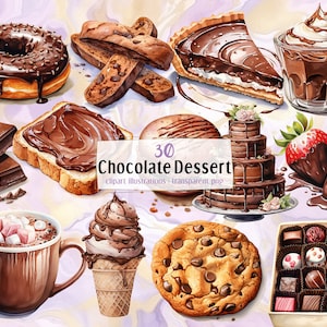 Dolci al cioccolato. Illustrazioni in stile acquerello. Pasticceria al gusto di cioccolato, crema spalmabile, delicatezza, torta, gelato, frittelle, ciambella / clip art PNG