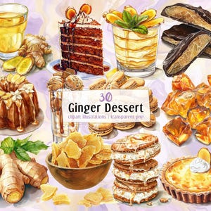 Ginger Dessert Illustrationen. Ingwerwurzel Desserts, leckerer Kuchen, Eis, Kekse, Cupcake, getrocknete kandierte Scheiben, Getränke | PNG-Clipart