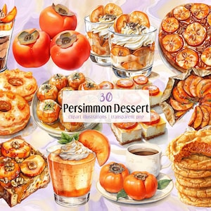 Ilustrações de sobremesa de caqui. Frutas exóticas de outono, massa folhada cor de laranja, sorvete, geleia, caquis assados, biscoitos, chá | Clip arts em PNG