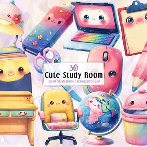 Könnte beinhalten: Eine Sammlung von 30 niedlichen Clipart-Illustrationen für das Arbeitszimmer im Aquarellstil. Das Bild zeigt einen Schreibtisch, einen Stuhl, einen Laptop, einen Bleistift, einen Globus und andere Schulmaterialien, alle mit entzückenden, lächelnden Gesichtern. Die Farbpalette umfasst Rosa, Blau, Gelb und Grün.