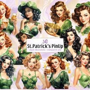 Ilustrações de garotas Pin Up do Dia de São Patrício. Garotas vintage dos anos 40 em verde, segurando um pote de cerveja dourado e trevo, estilo rockabilly | PNG clip arts