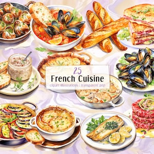 Französische Küche Illustrationen. Köstliche Gerichte aus Frankreich, Ratatouille Quiche Escargots Zwiebelsuppe, Muscheln, Foie Gras | PNG-Cliparts