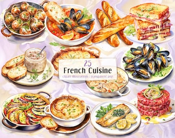 French Cuisine | PNG clip art illustrations. Traditional food from France: ratatouille, quiche, escargots, onion soup, mussels, foie gras