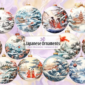 Illustrazioni di ornamenti natalizi di arte giapponese. Palline festive decorate, ornamenti con disegni in stile tradizionale/clipart PNG