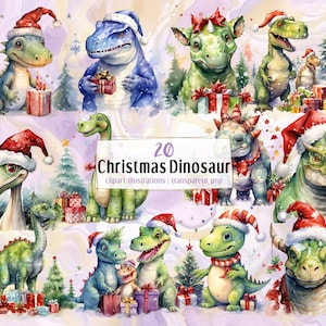 Christmas Dinosaurs cartoon illustrations. Festive dino celebrating,  cute adorable holiday spirit themed reptile animals | PNG clip arts