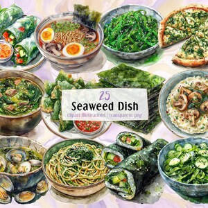 May include: A collection of 25 watercolor illustrations of seaweed dishes. The illustrations include sushi rolls, seaweed salad, ramen, and other dishes featuring seaweed.