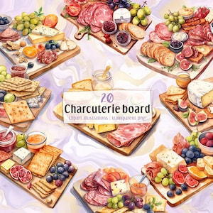 Charcuterieplank. Illustraties in aquarelstijl. Kaasplankje, voorgerecht gezouten vlees, fruit, crackers, brood, luxe eten | PNG-clip arts