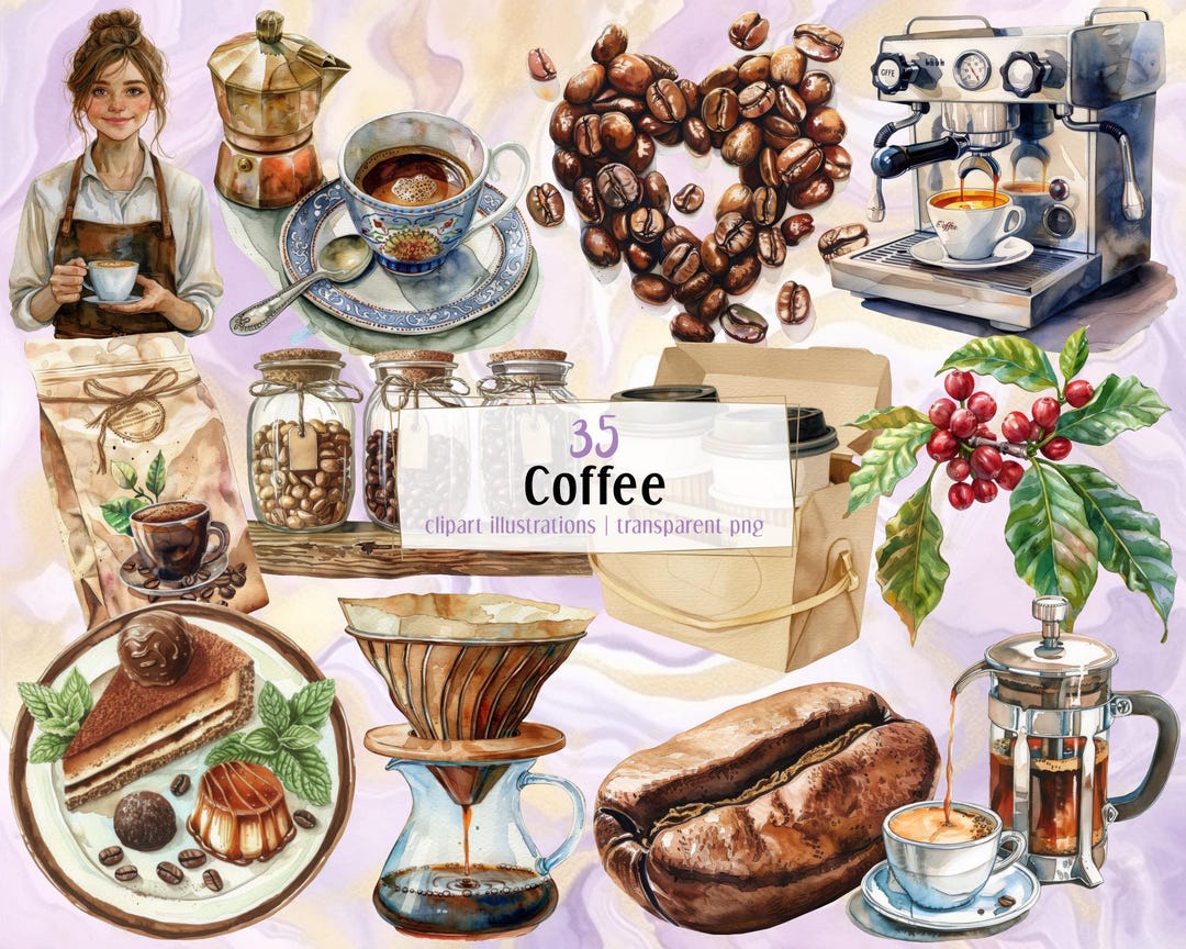 コーヒーのイラスト。コーヒー豆と木のプランテーション、ホット