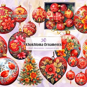 Illustrazioni degli ornamenti natalizi di Khokhloma. Stile popolare russo, palline e globi festivi in stile dipinto tradizionale / clip art PNG