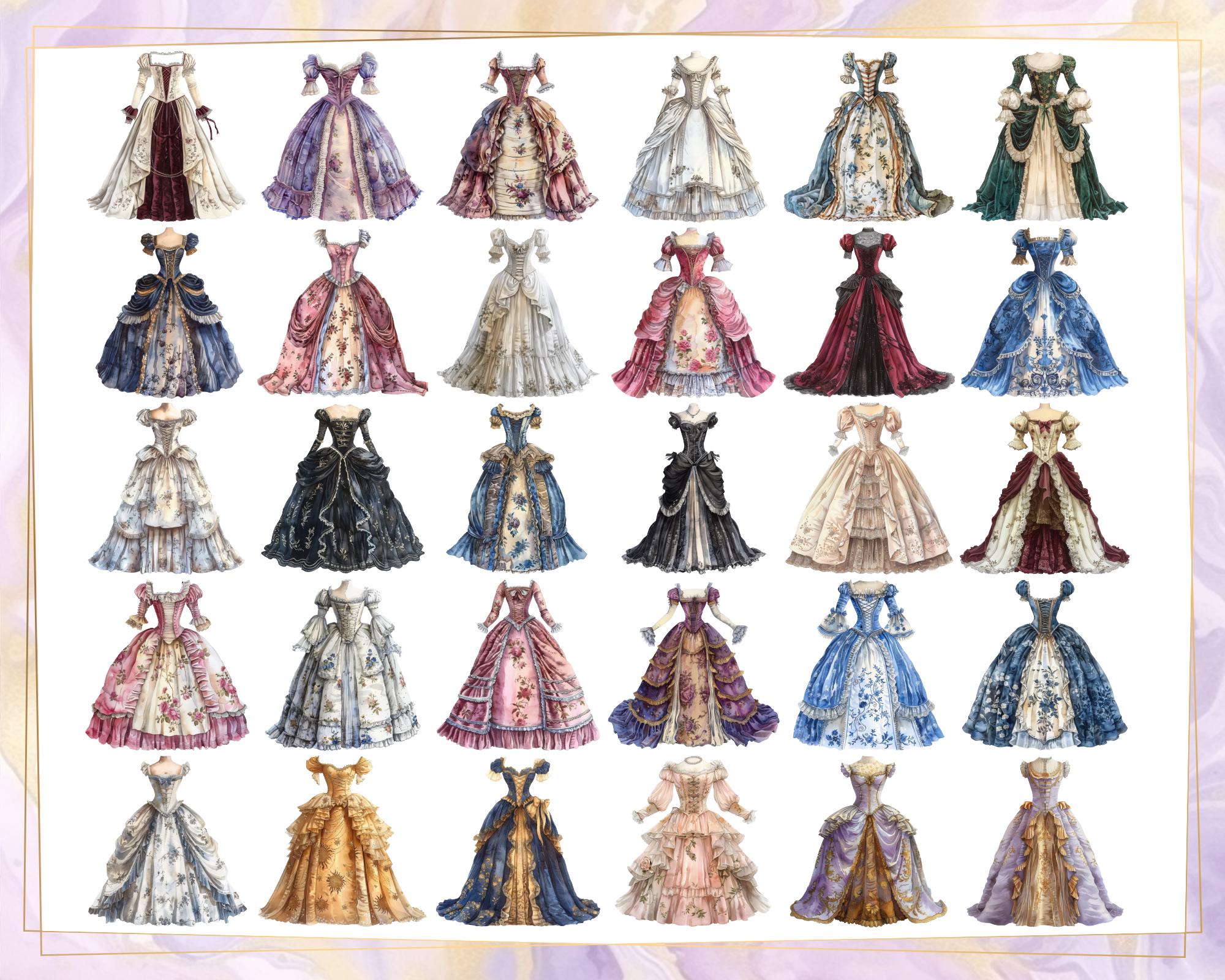 Rococo Dress Illustrations. Beautiful Vintage Dresses, Old Fashion ...