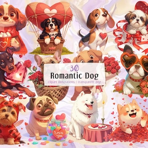 Romantic Cartoon Dog illustrations. Cute adorable puppies celebrating Valentine's day, hearts, red roses, love letter, flower | PNG clip art