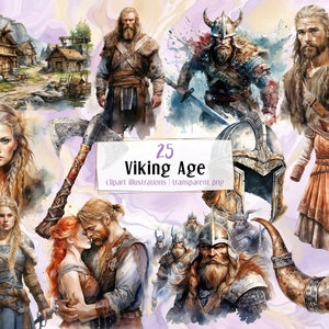 Vikingtijd, illustraties in aquarelstijl. Noormannen levensobjecten, nederzettingen, historische elementen en Scandinavische Vikingen | PNG-illustraties