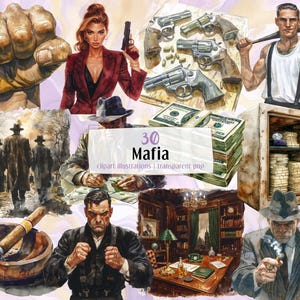 Op de afbeelding: Waterverfillustraties met maffia-thema's, waaronder een vrouw in een rood pak met een pistool, stapels geld, wapens en mannen in pakken. De tekst "30 Mafia" is ook aanwezig.