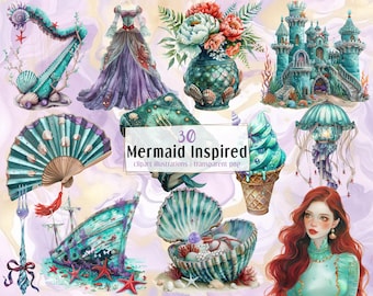 Mermaid Inspired | PNG clip art illustrations. Ocean fantasy elements, seashell objects, fashion, castles, mermaids, under the sea fashion.