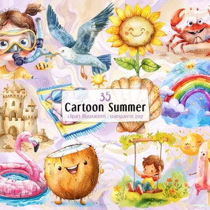 Cartoon Summer illustrations. Summertime vacation, kids enjoying sunny season, sea sand beach, ice cream, cute animals, clams | PNG clip art