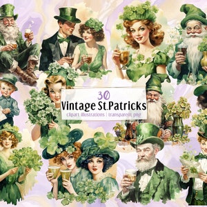 Illustrations vintage de la Saint-Patrick. Images rétro de style carte postale, personnes buvant, célébrant, tenant un trèfle de bière | Image clipart PNG