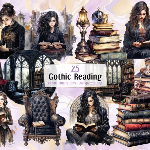 Gothic reading, watercolor style illustrations. Dark mysterious fantasy bookworm, book piles, girl with books, reading nooks | PNG clip arts