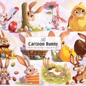Cartoon konijntjesillustraties. Schattige konijntjes vieren Pasen, sjouwen met wortelen, lentebloemen, konijneieren zoeken, schilderen | PNG-clip arts