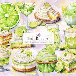 Könnte beinhalten: Eine Sammlung von 30 Aquarell-Illustrationen von Limetten-Desserts, darunter Limettenkuchen, Limetten-Cupcakes, Limettenmousse, Limetteneis, Limettenlimonade und Limettenscheiben. Die Illustrationen sind perfekt für die Erstellung digitaler oder gedruckter Designs.