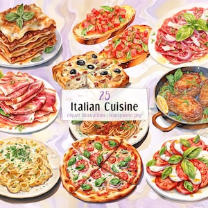 Op de afbeelding: Een verzameling van 25 aquarel illustraties van Italiaanse gerechten, waaronder lasagne, bruschetta, caprese salade, pasta, pizza, prosciutto en meer. De illustraties zijn op een witte achtergrond met een marmereffect.