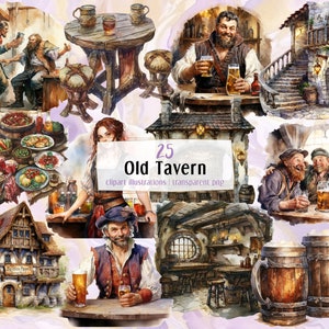 Illustrations de vieilles tavernes. Auberge en bois et en pierre, bar fantastique, objets, intérieur, bâtiment, gens qui boivent, jeunes filles, bière, nourriture | clipart PNG