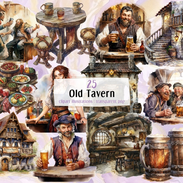 Old Tavern illustrations. Wood & stone inn, fantasy bar, objects, interior, building, people drinking, maidens, beer, food | PNG clip arts