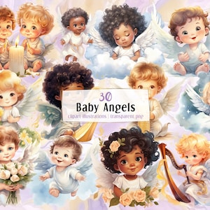 Illustrazioni dei cartoni animati di Baby Angels. Santi bambini, angeli cherubini celesti alati celesti con candele, volanti, fiori / clip art PNG