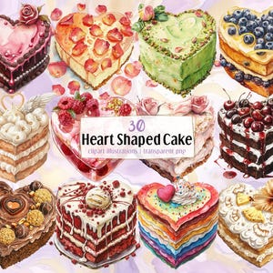 Illustrazioni di torta a forma di cuore. Deliziose torte romantiche per San Valentino, cioccolato, cheesecake, fragole, rose, tropicali / clip art PNG