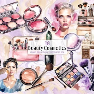 Può includere: Un set di 40 illustrazioni ad acquerello di prodotti di bellezza, tra cui pennelli per il trucco, palette di ombretti, rossetto, blush, fondotinta e uno specchio da toeletta. Le illustrazioni sono in uno schema di colori rosa e viola e hanno un'atmosfera fantasiosa e femminile.