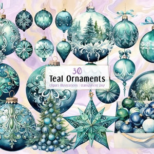 Ilustraciones de adornos navideños de color verde azulado. Adornos festivos decorados, globos verdes y azules, conjunto de decoraciones / imágenes prediseñadas PNG