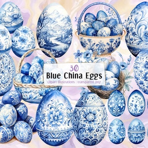Blaue Illustrationen von China Ostereier. Festlich geschmückter Feiertagseierkorb, Set und Berge von Eiern. Vintage Porzellan Keramik | PNG-Clipart
