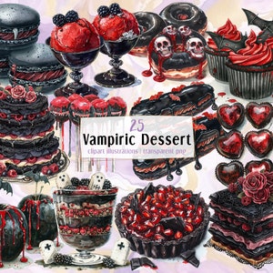 Ilustraciones de postres vampíricos. Pastelería de estilo gótico oscuro, pasteles negros y rojos, macarrones de vampiro, cupcake de murciélago, imágenes prediseñadas aterradoras de Halloween / PNG