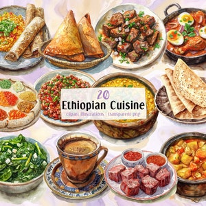 Ethiopische keukenillustraties. Heerlijke gerechten, eten uit Afrikaans Ethiopië, linzenstoofpot, Wat Gomen Tibs Beyaynetu Injera | PNG-illustraties