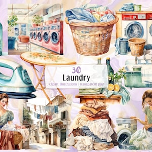Laundry related illustrations. Dirty and clean clothes, washing machines, laundry day, laundromat, woman with basket, ironing | PNG clip art