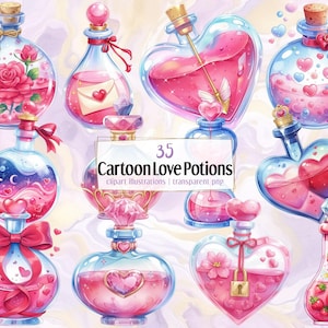 Puede incluir: Una colección de pociones de amor de dibujos animados en varias botellas de vidrio. Las botellas están llenas de líquidos rosas y decoradas con corazones, rosas y lazos. La imagen incluye el texto "35 Cartoon Love Potions".