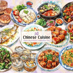 May include: A watercolor illustration of 30 different Chinese dishes, including steamed fish, dumplings, stir-fried noodles, tofu, and pork belly. The illustration is set against a light pink background with a purple border.