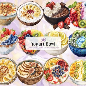 Ilustrações de tigelas de iogurte. Deliciosas tigelas de smoothie, sobremesa de café da manhã com diversas coberturas, frutas, chocolate, nozes, frutas vermelhas | Clip arts em PNG