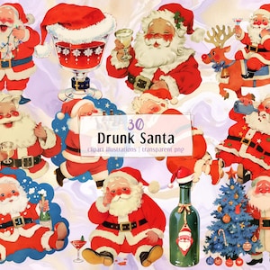 May include: A collection of vintage-style illustrations featuring Santa Claus in various poses, holding drinks and bottles. The Santas are dressed in red suits with white fur trim, and some are accompanied by a Christmas tree and reindeer. The text "30 Drunk Santa" is visible.