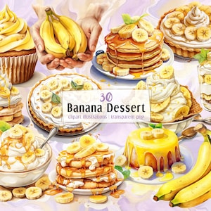Sobremesas de banana. Ilustrações em estilo aquarela. Pastel de frutas amarelas, torta, picolé de sorvete, banana seca, panqueca | Clip-arts PNG
