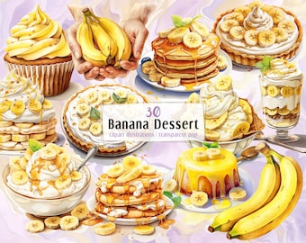 Banana fruit desserts. Watercolor style illustrations. Yellow fruity pastry, pie, ice cream popsicle, dried bananas, pancake | PNG clip arts