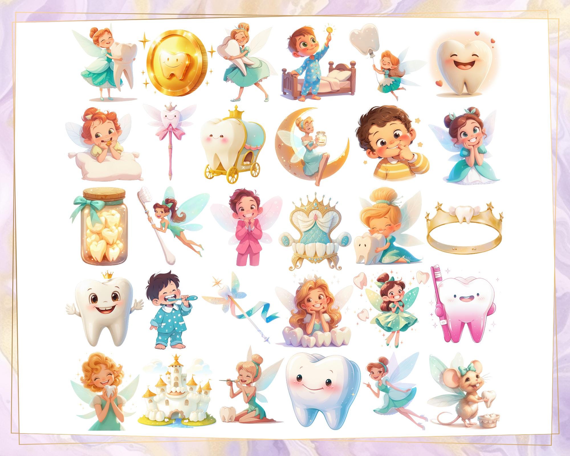 漫画風の歯の妖精のイラスト。抜いた歯、金貨、歯ブラシを持った歯、子供のデンタルケアなどを運ぶ可愛い妖精たち | PNGクリップアート - Etsy 日本, image size:2000x1600