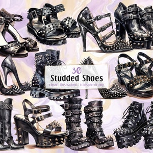 Illustrations de chaussures noires cloutées. Paires de chaussures à la mode, talons de style punk rock alternatif, bottes hautes avec pointes et clous | clipart PNG