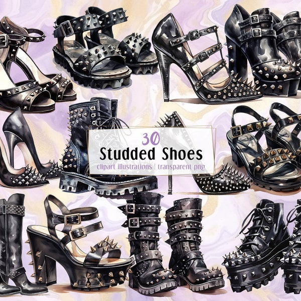 Studded Black Shoes illustrations. Fashionable shoe pairs, alternative punk rock style heels, high boots with spikes & studs | PNG clip arts