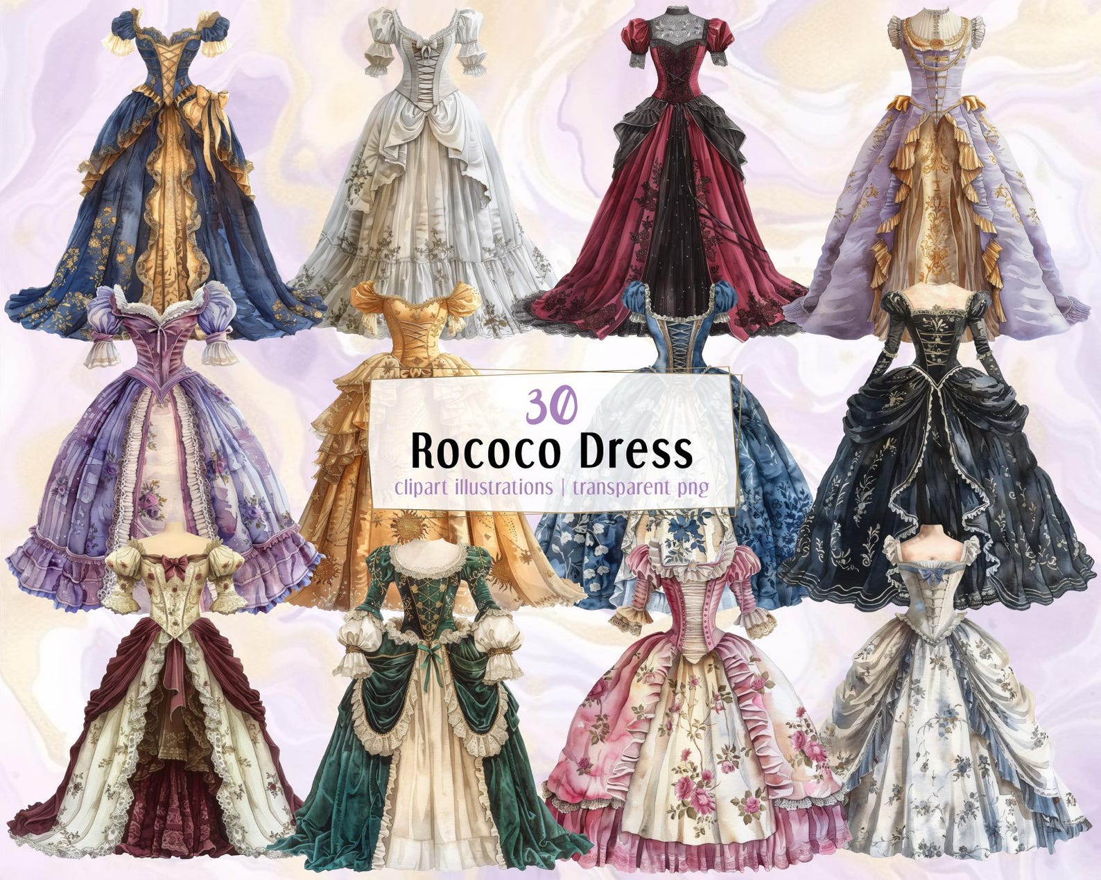 Rococo Dress Illustrations. Beautiful Vintage Dresses, Old Fashion ...
