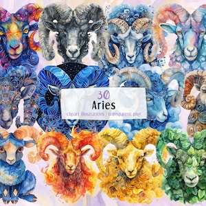 Ilustrações de Áries. Signo astrológico do zodíaco de aniversário de Áries, signo de fogo representado pelo símbolo da cabeça de carneiro em diferentes estilos | Clip-arts PNG