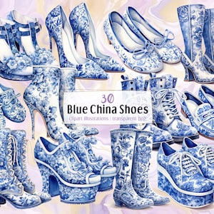 Illustrations de chaussures de Chine bleues. Paires de chaussures à la mode, talons, bottes, chaussures plates, motifs en céramique chinoiseries en porcelaine vintage | clipart PNG