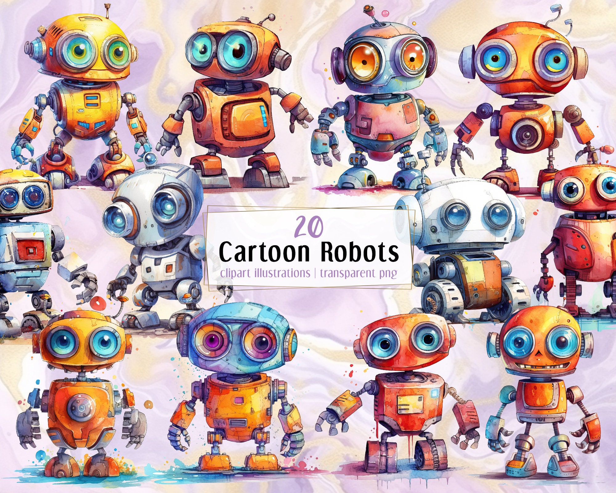Cartoon Robots. Watercolor Style Illustrations. Cute Robotic - Etsy